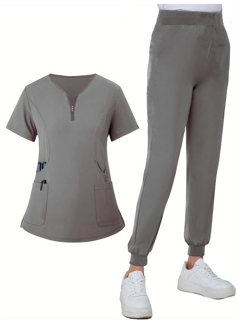 Loquat Womens Men Medical Scrubs Set Medical Uniform Set Gray - Image 1