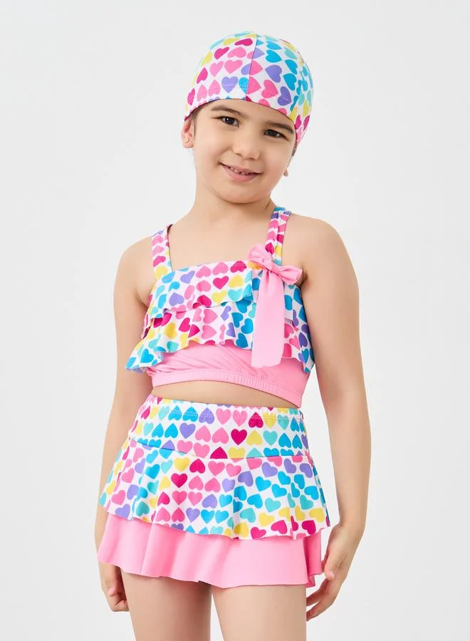 ستايلي Styli Set of 3 - Heart Print Swim Top, Skirt and Cap