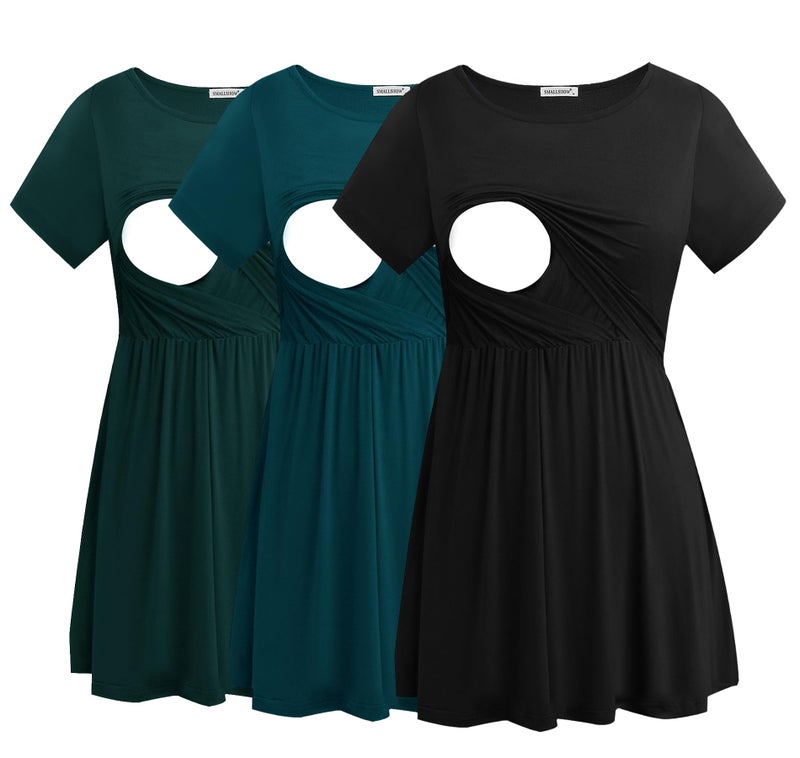 Smallshow Womens Maternity Nursing Tops 3 Pack Short Sleeve Breastfeeding ShirtBlackDeep GreenTealM - Image 2