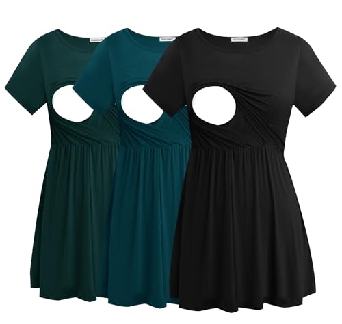 Smallshow Womens Maternity Nursing Tops 3 Pack Short Sleeve Breastfeeding ShirtBlackDeep GreenTealM - Image 1