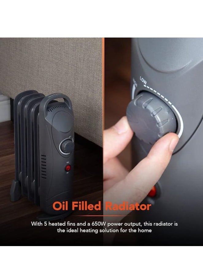 Generic 650W 5 Fin Oil Filled Radiator With Adjustable Thermostat And Overheat Protection, Dark Titanium  - Image 3