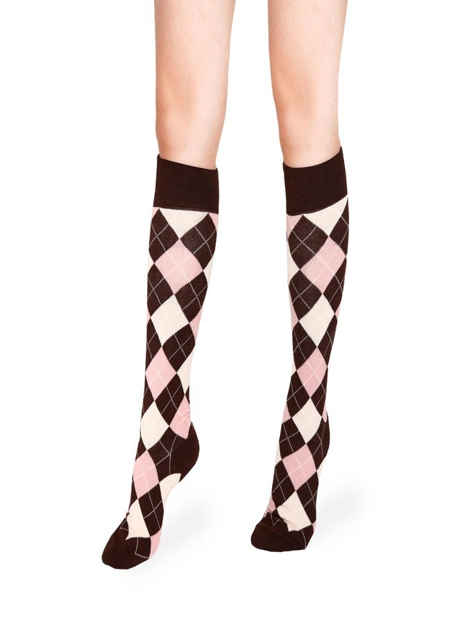 Violet Mist Knee High Socks for Women - Argyle Long Colorful Tall Vintage Tube Socks - Novelty Horse Riding Checkered Plaid Golf Soft Retro Student Uniform - Brown Pink - Image 2