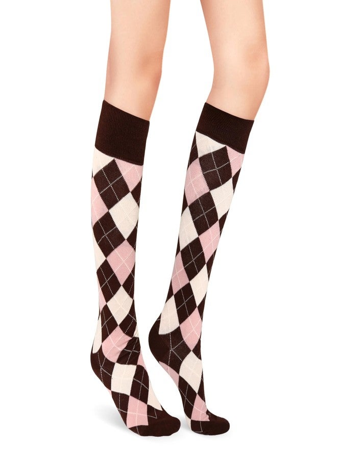 Violet Mist Knee High Socks for Women - Argyle Long Colorful Tall Vintage Tube Socks - Novelty Horse Riding Checkered Plaid Golf Soft Retro Student Uniform - Brown Pink - Image 3