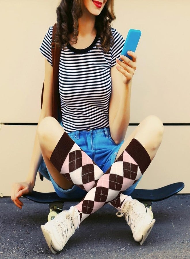 Violet Mist Knee High Socks for Women - Argyle Long Colorful Tall Vintage Tube Socks - Novelty Horse Riding Checkered Plaid Golf Soft Retro Student Uniform - Brown Pink - Image 5