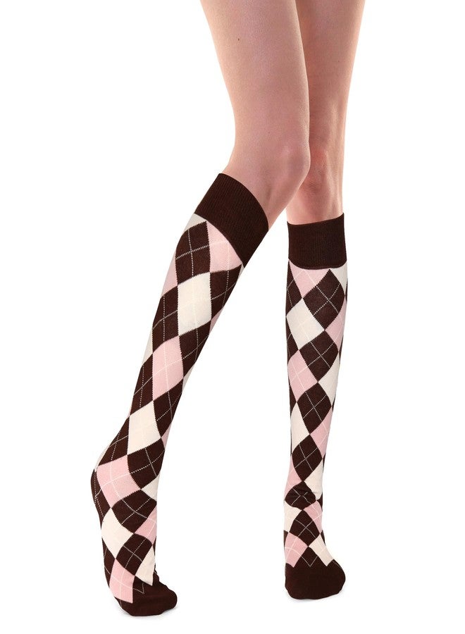 Violet Mist Knee High Socks for Women - Argyle Long Colorful Tall Vintage Tube Socks - Novelty Horse Riding Checkered Plaid Golf Soft Retro Student Uniform - Brown Pink - Image 1