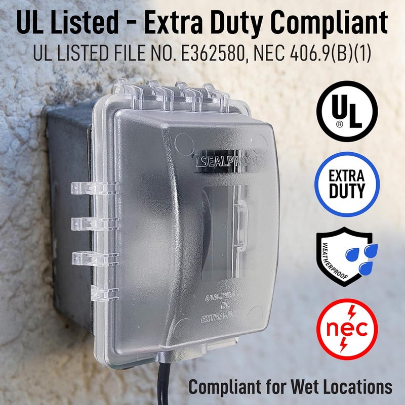 Sealproof 1-Gang Weatherproof Exterior in Use Outlet Cover and Box Kit - Metallic Electrical Outlet Box and UL Extra Duty, Lockable, in Use Outdoor Outlet Cover - Horizontal/Vertical Use - Image 2
