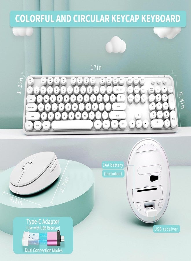 SkyGive Wireless Keyboard and Mouse Combo, Ergonomic Full Size Typewriter Retro Round Keycaps Keyboard, Compatible with Windows, PC, Perfer for Home and Office Keyboards（White） - Image 5