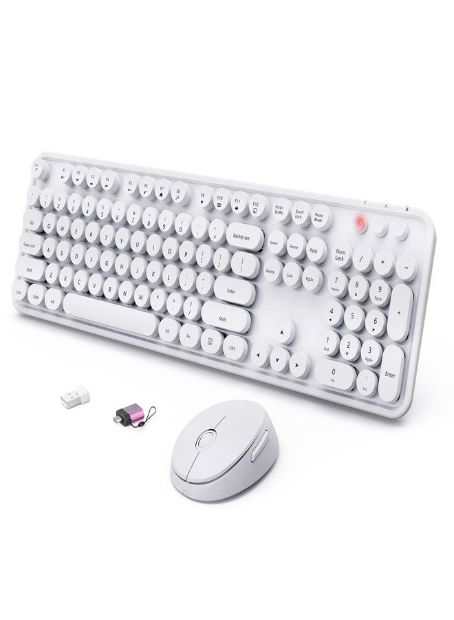 SkyGive Wireless Keyboard and Mouse Combo, Ergonomic Full Size Typewriter Retro Round Keycaps Keyboard, Compatible with Windows, PC, Perfer for Home and Office Keyboards（White） - Image 1
