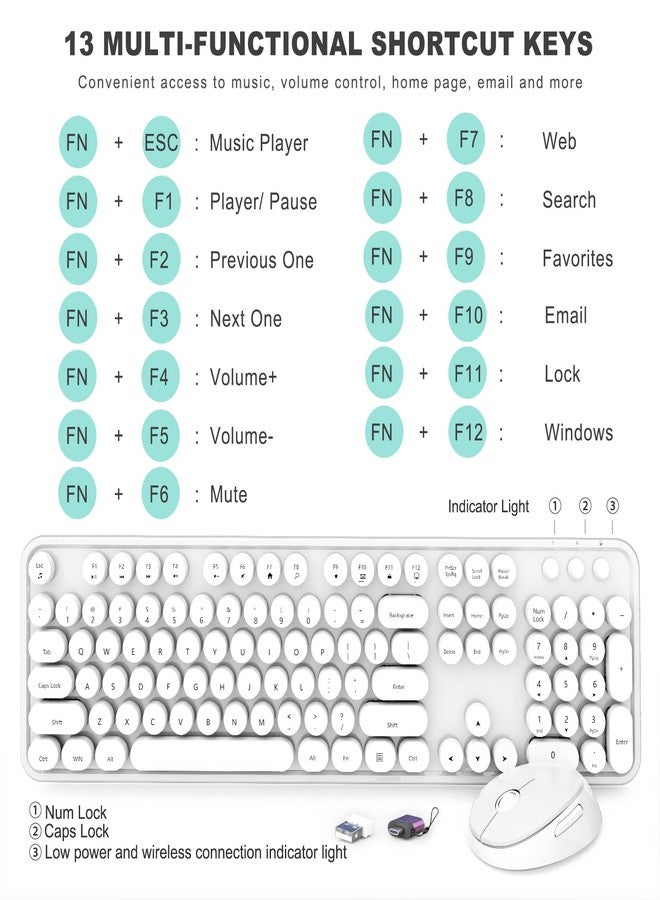SkyGive Wireless Keyboard and Mouse Combo, Ergonomic Full Size Typewriter Retro Round Keycaps Keyboard, Compatible with Windows, PC, Perfer for Home and Office Keyboards（White） - Image 4