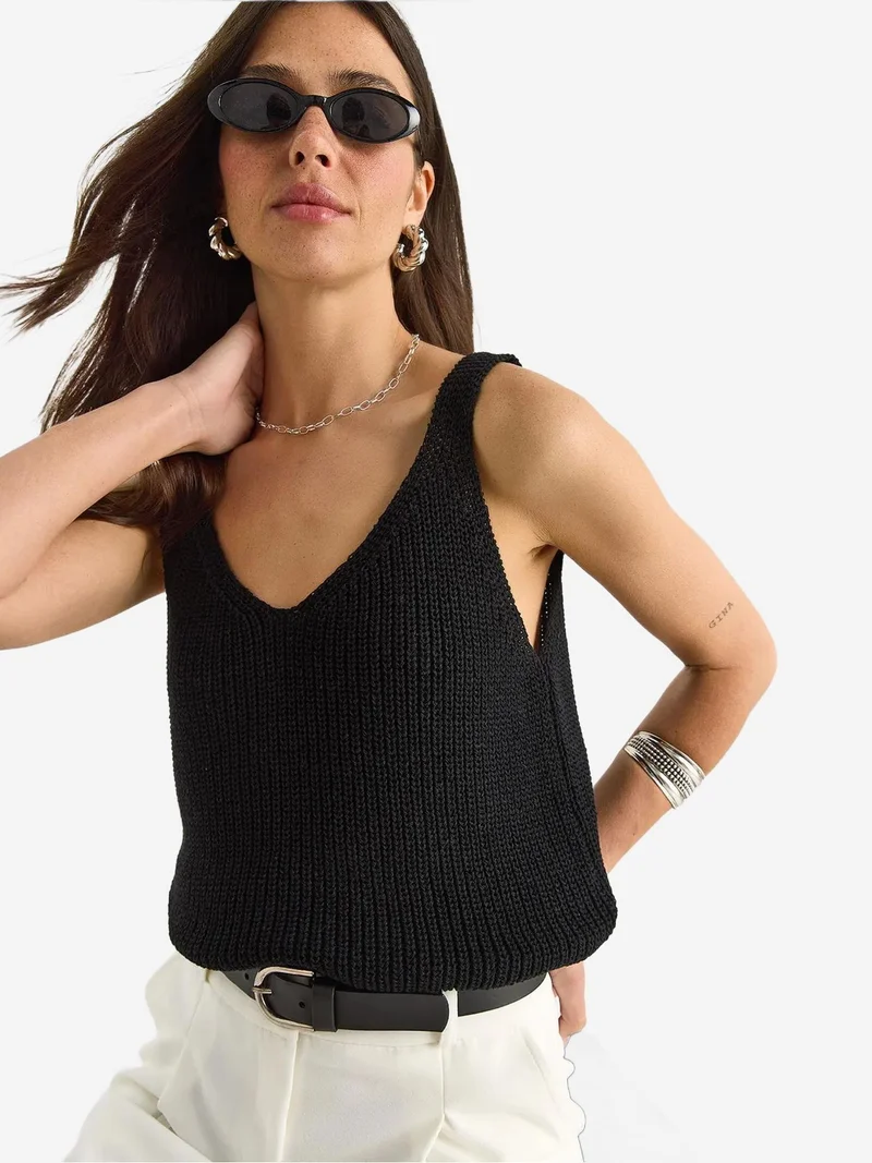 Bianco Lucci LUCCI V-Neck Ribbed Knitwear Blouse