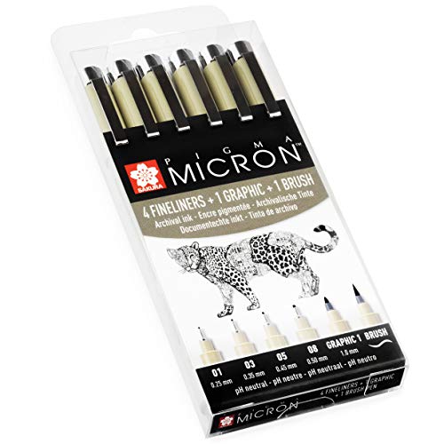 Sakura Pigma Micron - Pigment Fineliner Pens - 01/03/05/08/Graphic/Brush - Wallet of 6 - Black Ink - Image 3