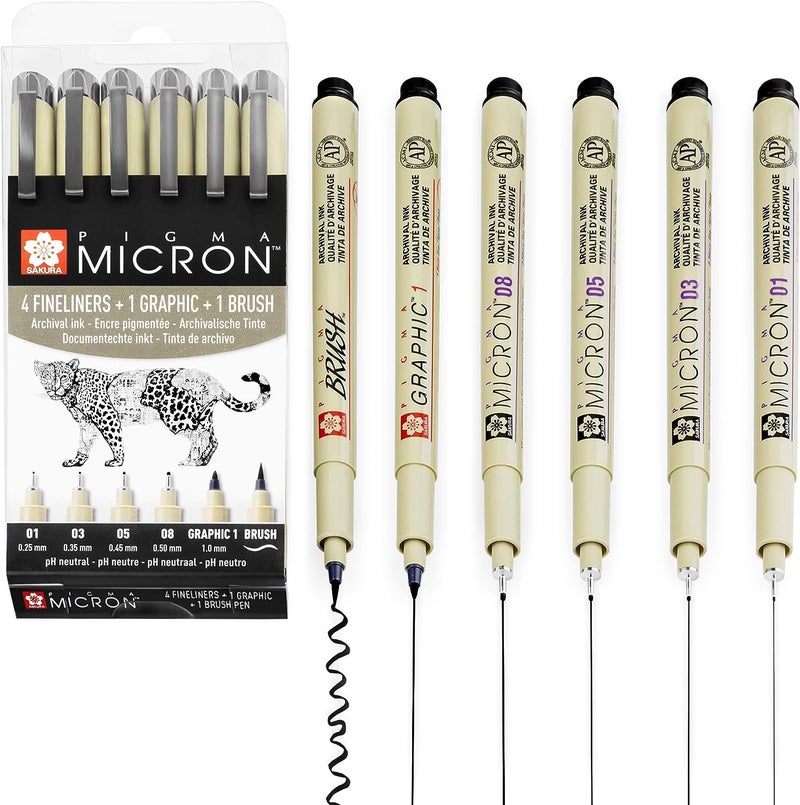 Sakura Pigma Micron - Pigment Fineliner Pens - 01/03/05/08/Graphic/Brush - Wallet of 6 - Black Ink - Image 1
