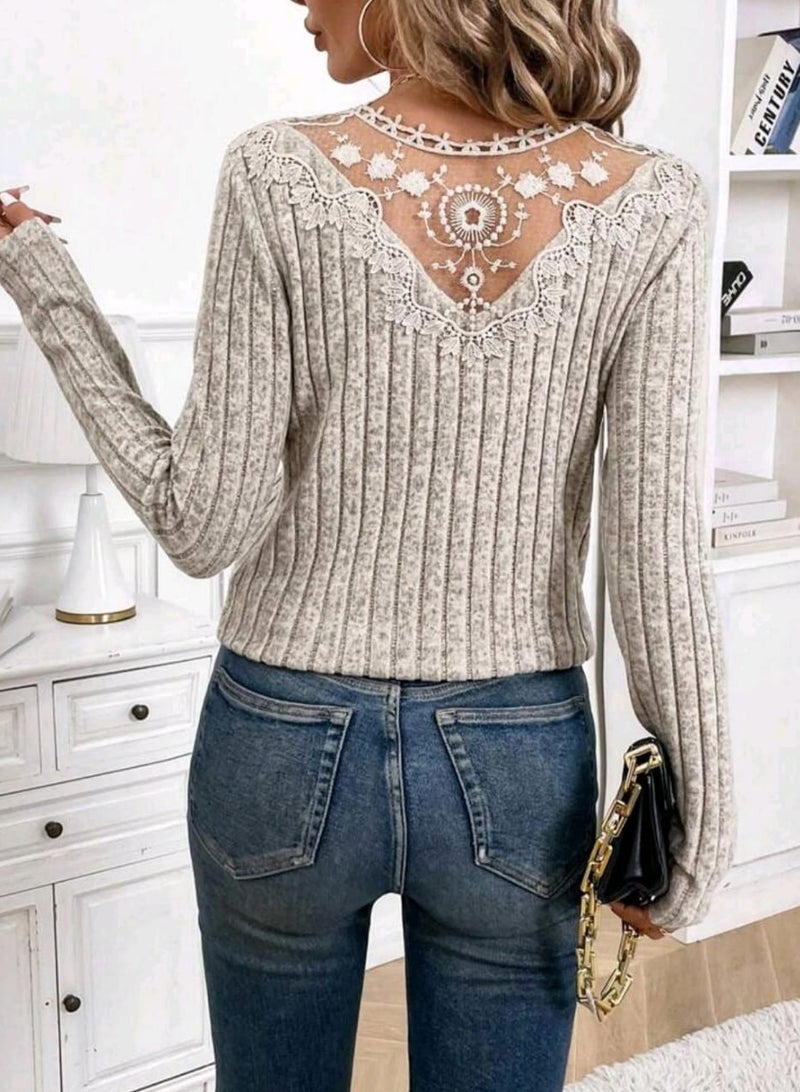 Shein SHEIN Frenchy Women's V-Neck Long Sleeve Lace Contrast Back Mesh Casual Slim Fit Fashion T-Shirt - Image 1