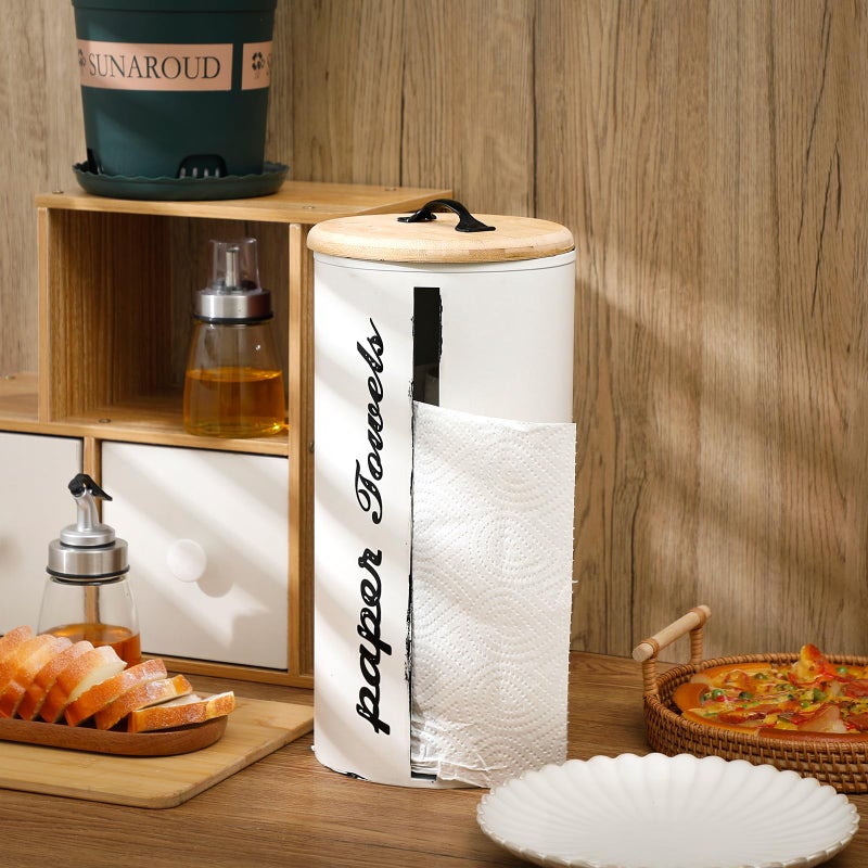 Yoande Farmhouse Paper Towel Holder Metal Countertop Paper Towel Dispenser with Wooden Lid Rustic Paper Towel Holder Distressed White for Home Decor Country Bathroom Kitchen 6.3 x 6.3 x 13.4 Inches - Image 1