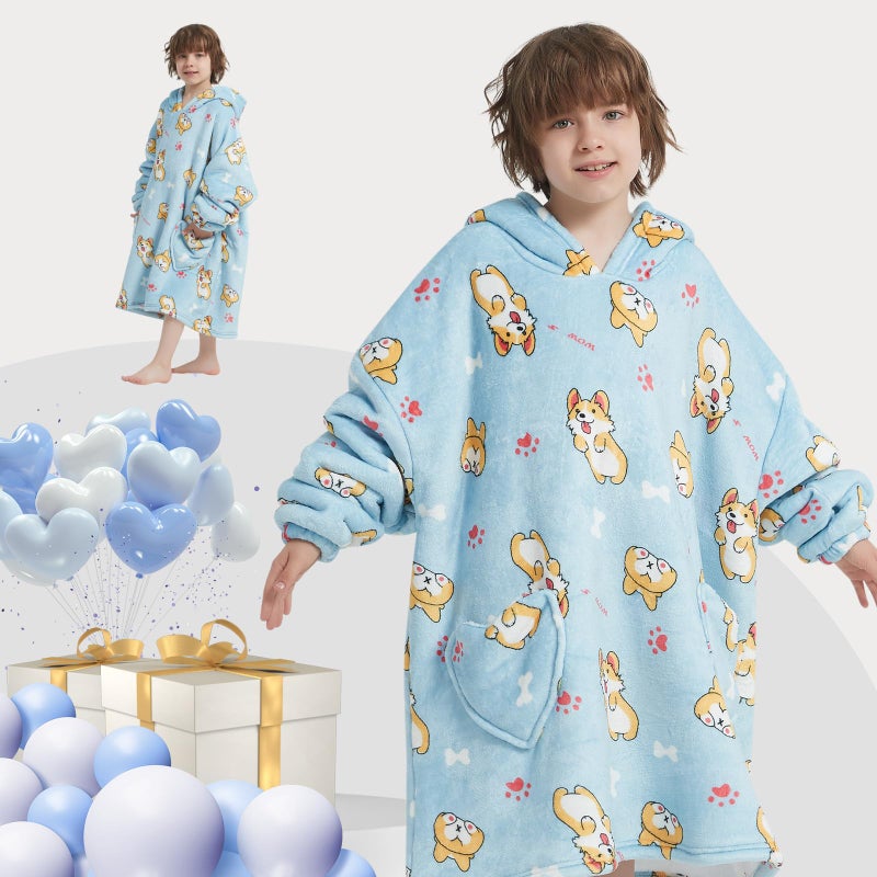 Mewkou Wearable Blanket Hoodie for Kids Oversized Sherpa Blanket Hoodie for Kids Boys Girls Teens 6-13YR,Blue Corgi - Image 4