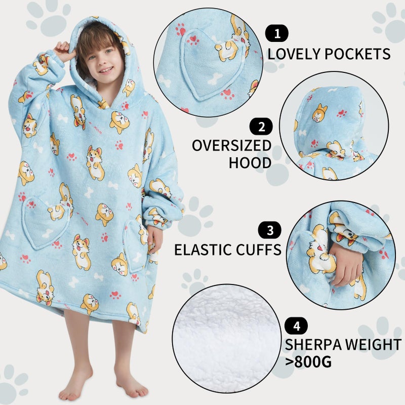 Mewkou Wearable Blanket Hoodie for Kids Oversized Sherpa Blanket Hoodie for Kids Boys Girls Teens 6-13YR,Blue Corgi - Image 3