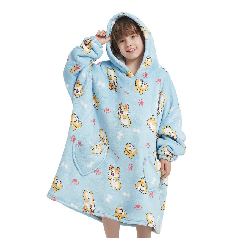 Mewkou Wearable Blanket Hoodie for Kids Oversized Sherpa Blanket Hoodie for Kids Boys Girls Teens 6-13YR,Blue Corgi - Image 1