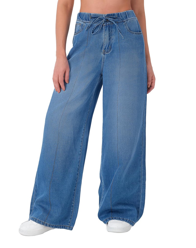 roswear Womens Jeans Non-Stretch Sweatpants Loose Fit Pull On Elastic Waist Front Seam Pants Indigo Blue Medium - Image 1