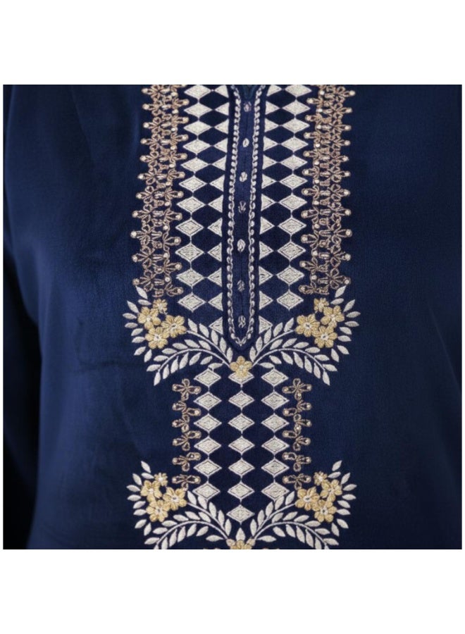 زيكوتكس  عباية نسائية شتوية قطيفة ملكي ناعمة - لون كحلي داكن بتطريز صدر وأكمام ملكي فاخر - جلالة استقبال شتوية. - Image 2