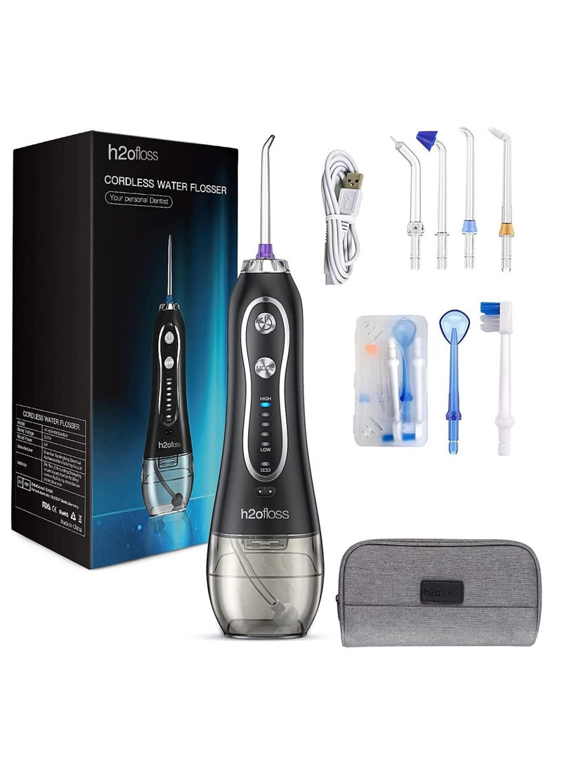 H20 Water Flosser Cordless Oral Irrigator Portable Rechargeable Dental Flossers with 5 Modes & 6 Tips Water Flossing with 300ML Water Tank for Home and Travel, Braces & Bridges Care (Black) - Image 1