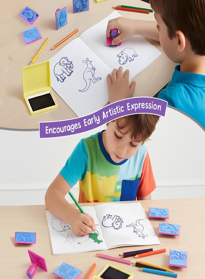 FIRSTCRY INTELLISKILLS مجموعة Intelliskills Premium DIY الفنية للختم، مجموعة تلوين وختم حيوانات الغابة للأطفال، 6 طوابع، 8 أقلام تلوين، زجاجة حبر، وسادة ختم وكتيب، هدية عيد ميلاد، مجموعة حرفية للبنات والأولاد من عمر 4 سنوات فما فوق - Image 5