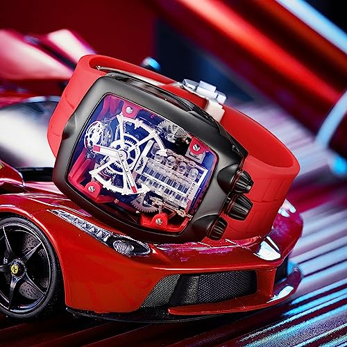 FEICE Watches for Men Automatic Skeleton Watch Waterproof Mineral Glass Japanese Movement Supercar Wristwatch Anti Shock Business Tourbillon FM666 (Red) - Image 2