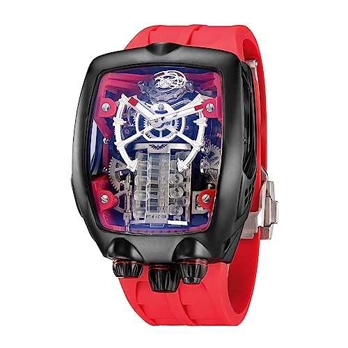 FEICE Watches for Men Automatic Skeleton Watch Waterproof Mineral Glass Japanese Movement Supercar Wristwatch Anti Shock Business Tourbillon FM666 (Red) - Image 1