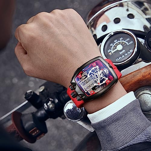 FEICE Watches for Men Automatic Skeleton Watch Waterproof Mineral Glass Japanese Movement Supercar Wristwatch Anti Shock Business Tourbillon FM666 (Red) - Image 5