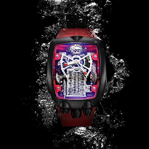 FEICE Watches for Men Automatic Skeleton Watch Waterproof Mineral Glass Japanese Movement Supercar Wristwatch Anti Shock Business Tourbillon FM666 (Red) - Image 3