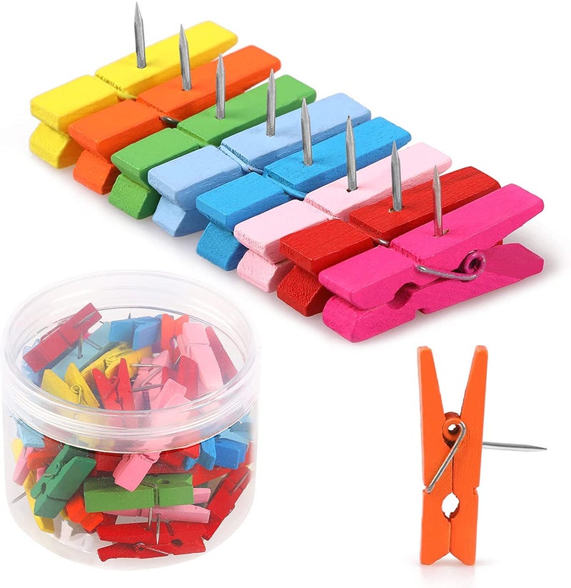 Joyberg 50 PCS Colorful Push Pin with Wooden Clips, Durable, Decorative Pushpins Tacks Thumbtacks for Cork Board Artworks Notes Photos, Craft Projects, Offices and Homes (8 Colors) - Image 1