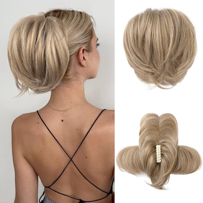 HOOJIH Ponytail Extension Claw Clip in Straight Messy Hair Bun 9 Inch Short Ponytail Extension with Bendable Metal Wire Hair Pieces for Women Fake Hair Bun DIY Styles  Medium Golden Blonde