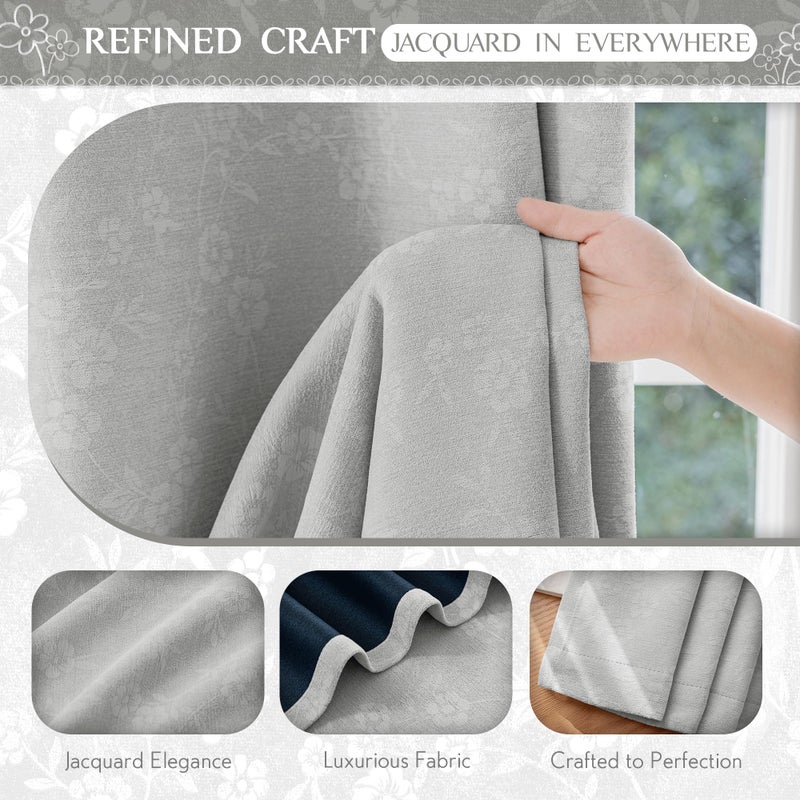 Beauoop Grey Floral Jacquard Blackout Curtains 84 Inches Long 2 Panels for Living Room Bedroom Chenille Flower Room Darkening Thermal Insulated Soundproof Grommet Window Drapes, 52x84 Set of 2 - Image 3