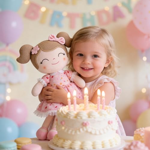 Gloveleya Baby Girl Gift Soft First Baby Doll Plush Doll Floral Pink - Image 5
