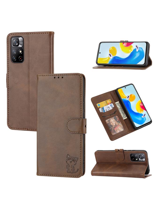 The Bros Case For Xiaomi Redmi Note 11 4G Global/11S Embossed Happy Cat Pattern Leather Phone Case
