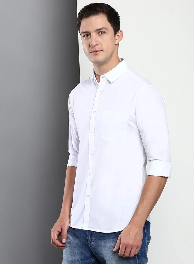 Dennis Lingo Slim Fit White Men's Casual Shirt, Spread Collar, Full Sleeves, 100% Cotton,