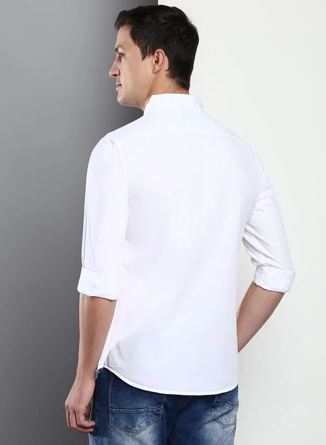 Dennis Lingo Slim Fit White Men's Casual Shirt, Spread Collar, Full Sleeves, 100% Cotton,