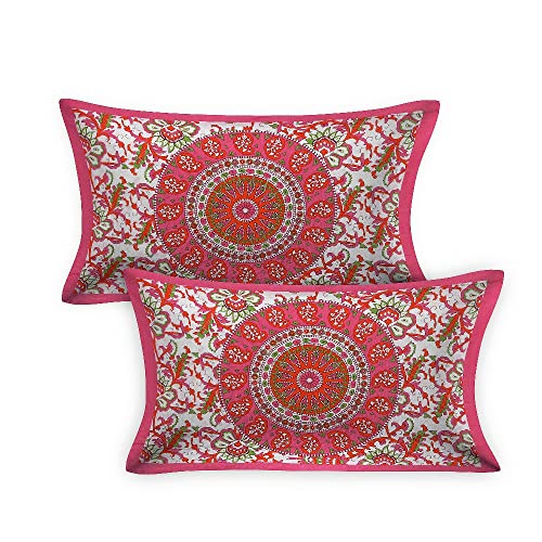 RajasthaniKart راجبستاني كارت® مريح راجبستاني جايبوري تقليدي طباعة سانغاني 144 TC 100% قطن ملاءة سرير مزدوجة مع 2 غطاء وسادة (مزدوج، وردي) - Image 3