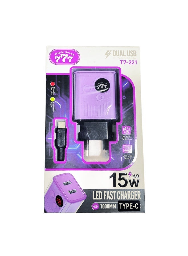777 شاحن تريبل سفن  T7-221 بمنفذين USB – شحن سريع 15 واط – مؤشر LED – مع كابل Type-C – حماية متعددة - Image 2