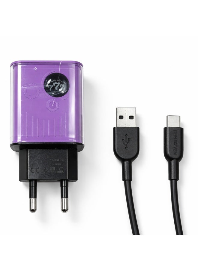 777 شاحن تريبل سفن  T7-221 بمنفذين USB – شحن سريع 15 واط – مؤشر LED – مع كابل Type-C – حماية متعددة - Image 1