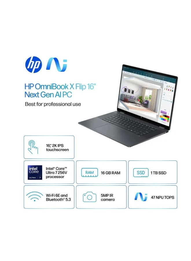 HP (Upgraded Version) Copilot+ PC OmniBook X Flip 2-in-1 Laptop With 16-Inch 2K Touch-Screen Display, Intel Core Ultra 7 256V Processor/16GB RAM/1TBSSD/Windows 11 Eclipse Gray - Image 3