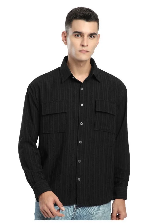 Beyoung Black Structured Stripe Shirt