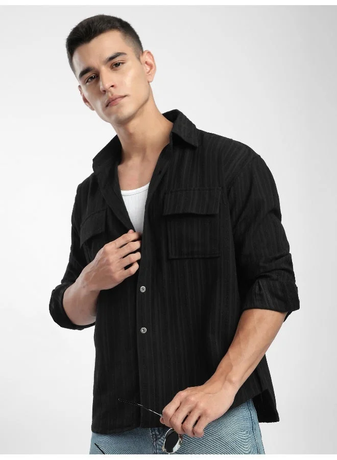 Beyoung Black Structured Stripe Shirt