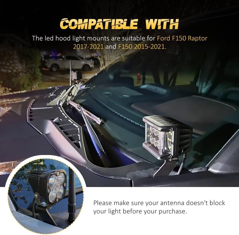 Samman Hood Light Mount Brackets, Ditch Light Front A-Pillar LED Mounts LED Cube Work Pods Mounting Brackets Compatible with F150 Raptor 2017-2023 F150 2015-2023 - Image 2