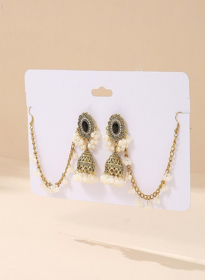 Chargances Indian Jhumka Jhumki Pearl Beaded Dangle Earrings Boho Black Crystal Drop Earrings Fashion Bollywood Stylish Gold Traditional Indian Jewelry for Women(Style 2) - Image 4