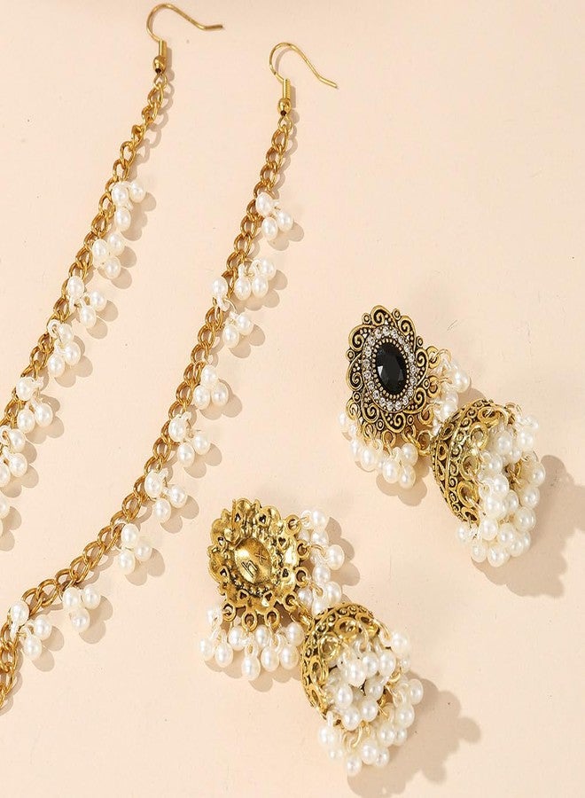 Chargances Indian Jhumka Jhumki Pearl Beaded Dangle Earrings Boho Black Crystal Drop Earrings Fashion Bollywood Stylish Gold Traditional Indian Jewelry for Women(Style 2) - Image 3