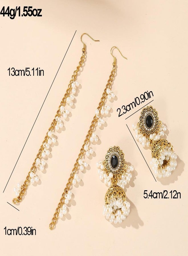 Chargances Indian Jhumka Jhumki Pearl Beaded Dangle Earrings Boho Black Crystal Drop Earrings Fashion Bollywood Stylish Gold Traditional Indian Jewelry for Women(Style 2) - Image 5
