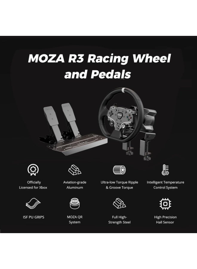 Moza حزمة عجلة القيادة والدواسات R3 للسباقات لجهاز Xbox والكمبيوتر الشخصي - عجلة قيادة مباشرة بحجم 11 بوصة مع محرك سيرفو بقوة 3.9Nm، ألمنيوم من الدرجة الجوية، مقبض PU، دواسات ومشبك مكتب، مجموعة سباقات محاكاة مرخصة رسمياً - Image 5