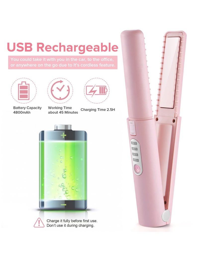 Cordless Mini Hair Straightener, Wireless Portable Flat Iron for Hair, 2 In 1 Portable Flat Iron & Curling Iron, USB-C Rechargeable Flat Iron with 4800mA Battery, Adjustable Temperature, Pink - Image 4