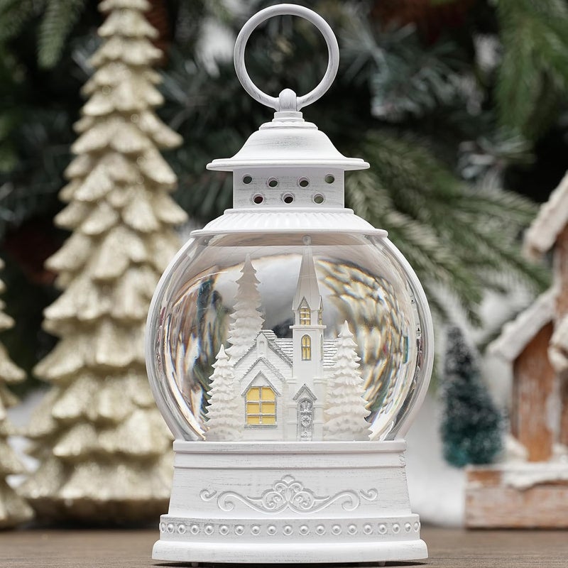 PestiLite Christmas Church Snow Globe, Musical Snow Globe Lantern with Swirling Glitter, White Christmas Tree Churches, USB & Battery Operated Light-Up Christmas Decorations Indoor for Home - Image 1