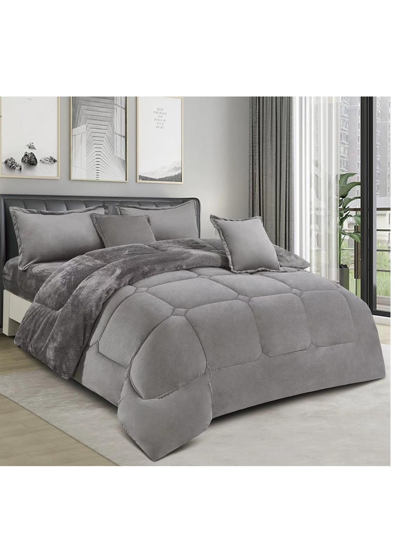 مينجلي مفرش سرير نفرين شتوي يتكون من 6 قطع بتصميم مخمل السادة والفرو مقاس اللحاف 240x220 سم